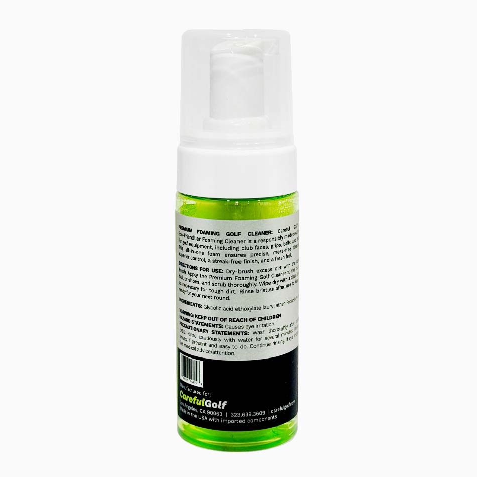 Back view of Careful Golf Foaming Cleaner bottle displaying usage directions, safety information, and labeled benefits for cleaning clubs, grips, balls, and shoes.