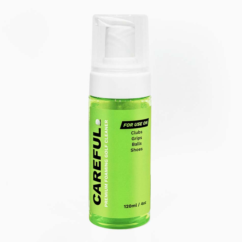 Careful Golf 4-in-1 Premium Foaming Golf Cleaner – 4oz/120ml green bottle with matching green label. Designed for cleaning golf clubs, grips, balls, and shoes.