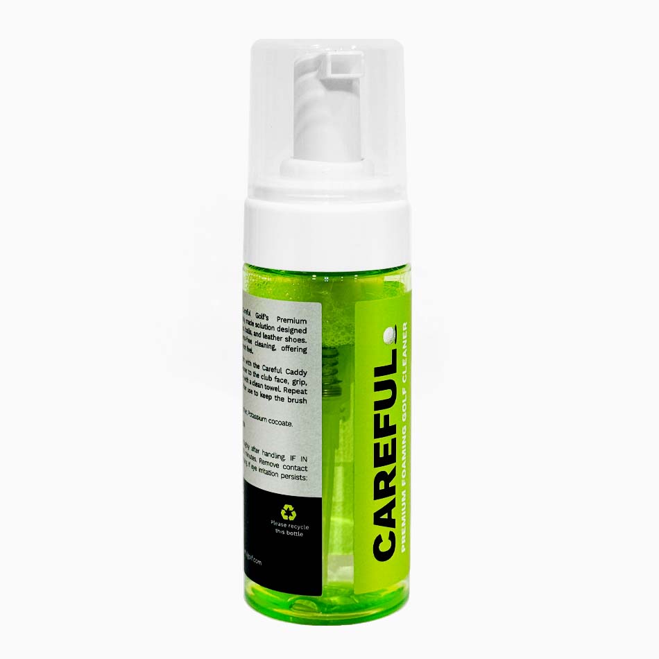 Side view of Careful Golf Foaming Cleaner bottle displaying Careful Golf logo, Please recycle Icon, usage directions, safety information, and labeled benefits for cleaning clubs, grips, balls, and shoes.