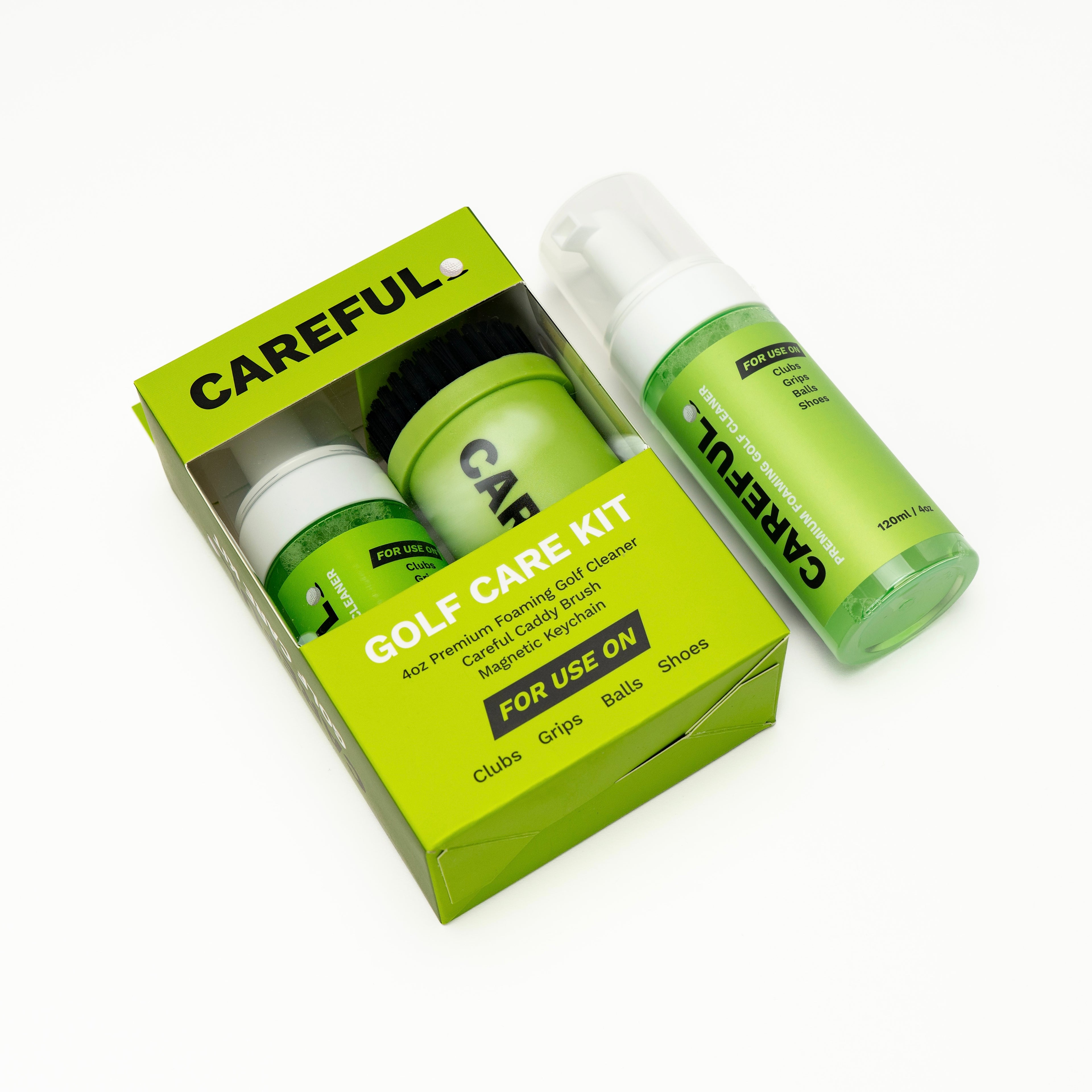 Careful Bundle. Golf Care Kit packaging with single 4oz Premium Foaming Golf Cleaner bottle next to each other laying flat. 