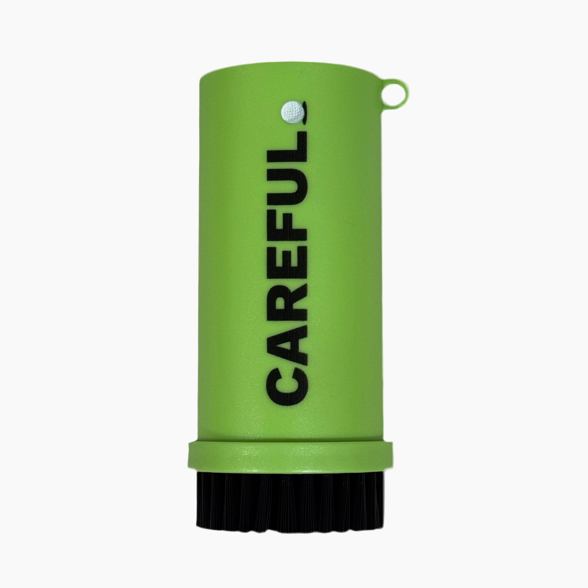 Image of Green Careful Caddy Brush standing upright. Patent Pending cylindrical design. "CAREFUL" logo printed vertically and key ring on the neck. 