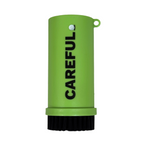 Image of Green Careful Caddy Brush standing upright. Patent Pending cylindrical design. "CAREFUL" logo printed vertically and key ring on the neck. 
