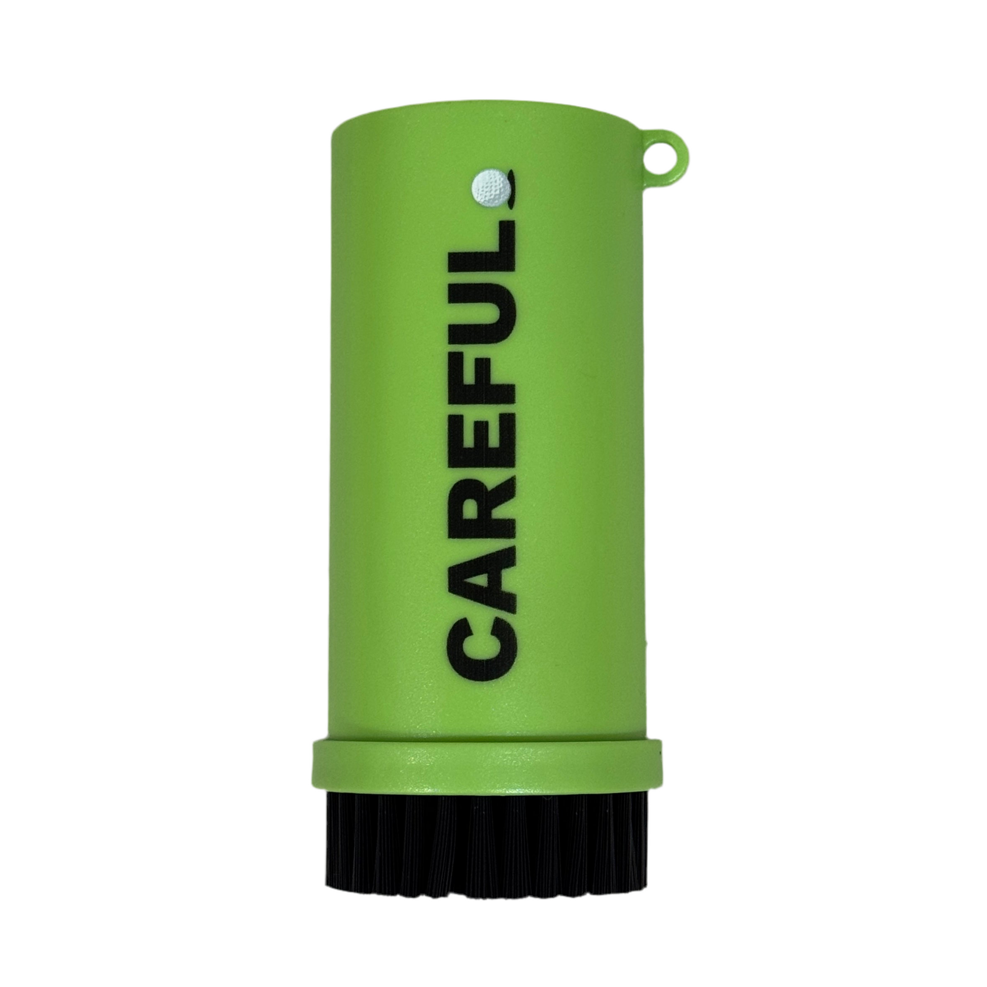 Image of Green Careful Caddy Brush standing upright. Patent Pending cylindrical design. "CAREFUL" logo printed vertically and key ring on the neck. 