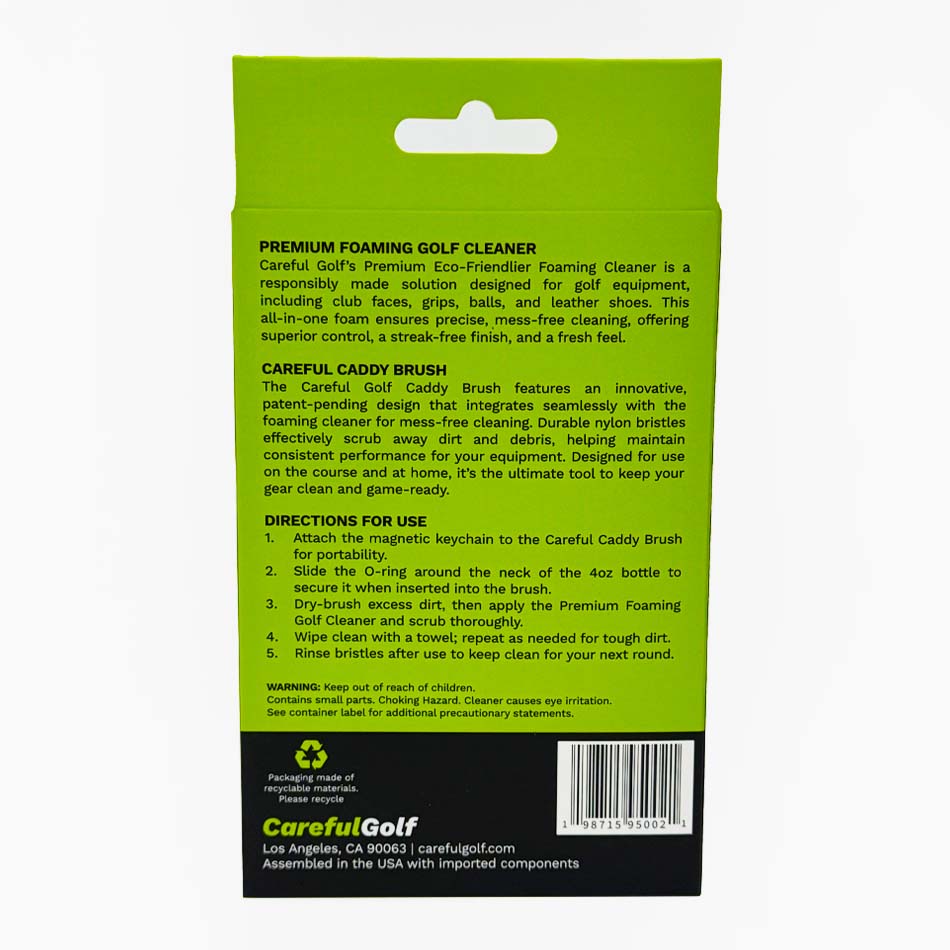 Careful Golf Care Kit Back packaging showcasing Production information on 4-in-1 Premium Foaming Golf Cleaner, Careful Caddy Brush and Directions for use instructions in 1-5 step order. 