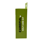 Careful Golf's Golf Care Kit Side Image showcasing brand logo and Golf Care Kit Text on Green Packaging and hang tag.