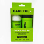 Careful Golf Care Kit displayed with all components: green 4oz foaming cleaner bottle, Careful caddy brush with nylon bristles, and magnetic keychain attachment.