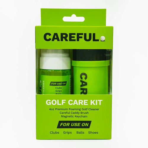 Careful Golf Care Kit displayed with all components: green 4oz foaming cleaner bottle, Careful caddy brush with nylon bristles, and magnetic keychain attachment.