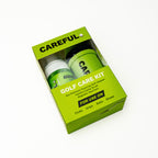 Golf Care Kit by Careful Golf front packaging. For use on clubs, grips, balls, shoes. Includes 4oz Premium Foaming Golf Cleaner, Careful Caddy Brush, and magnetic keychain.