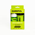 Golf Care Kit by Careful Golf front packaging. For use on clubs, grips, balls, shoes. Includes 4oz Premium Foaming Golf Cleaner, Careful Caddy Brush, and magnetic keychain.