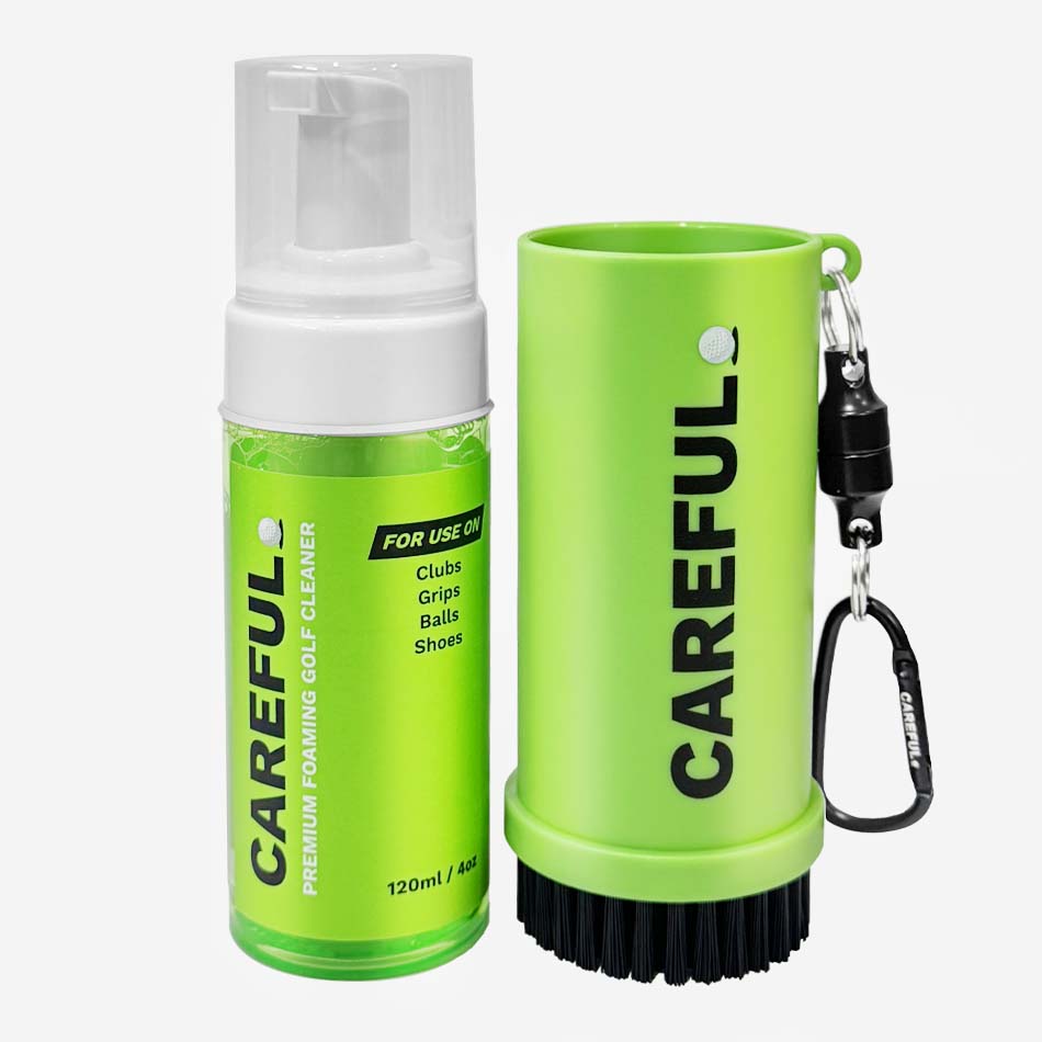 Careful Golf Golf Care Kit product contents showing the 4 oz 4-in-1 Premium Foaming Golf Cleaner and Careful Caddy brush with Magnetic Key Chain for use on cleaning Golf Clubs, Grips, Balls and Shoes