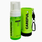 Careful Golf Care Kit unassembled with 4-in-1 Premium Foaming Golf Cleaner on the left and the Careful Caddy Brush on the right with the Magnetic Keychain hanging on the keyring